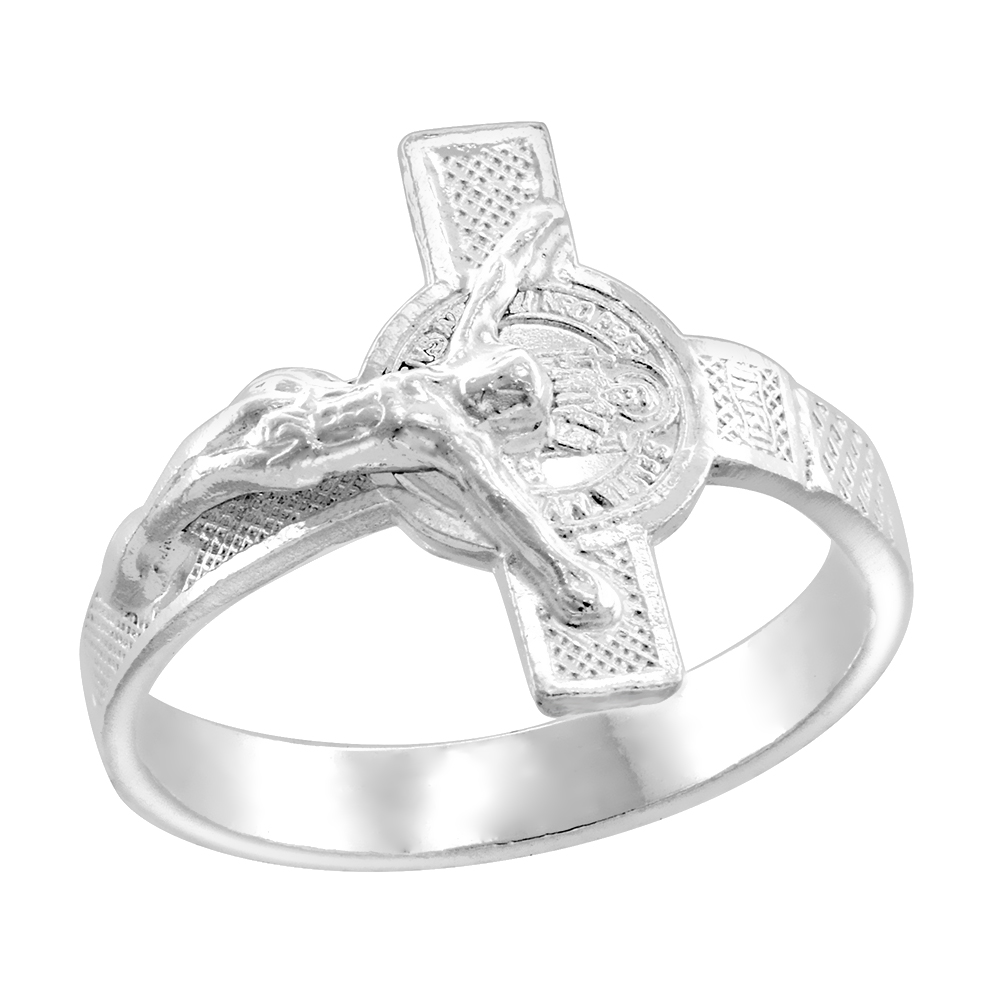 STERLING SILVER ST BENEDICT CRUCIFIX RING FOR WOMEN POLISHED FINISH 5/8 INCH WIDE SIZES 6-11