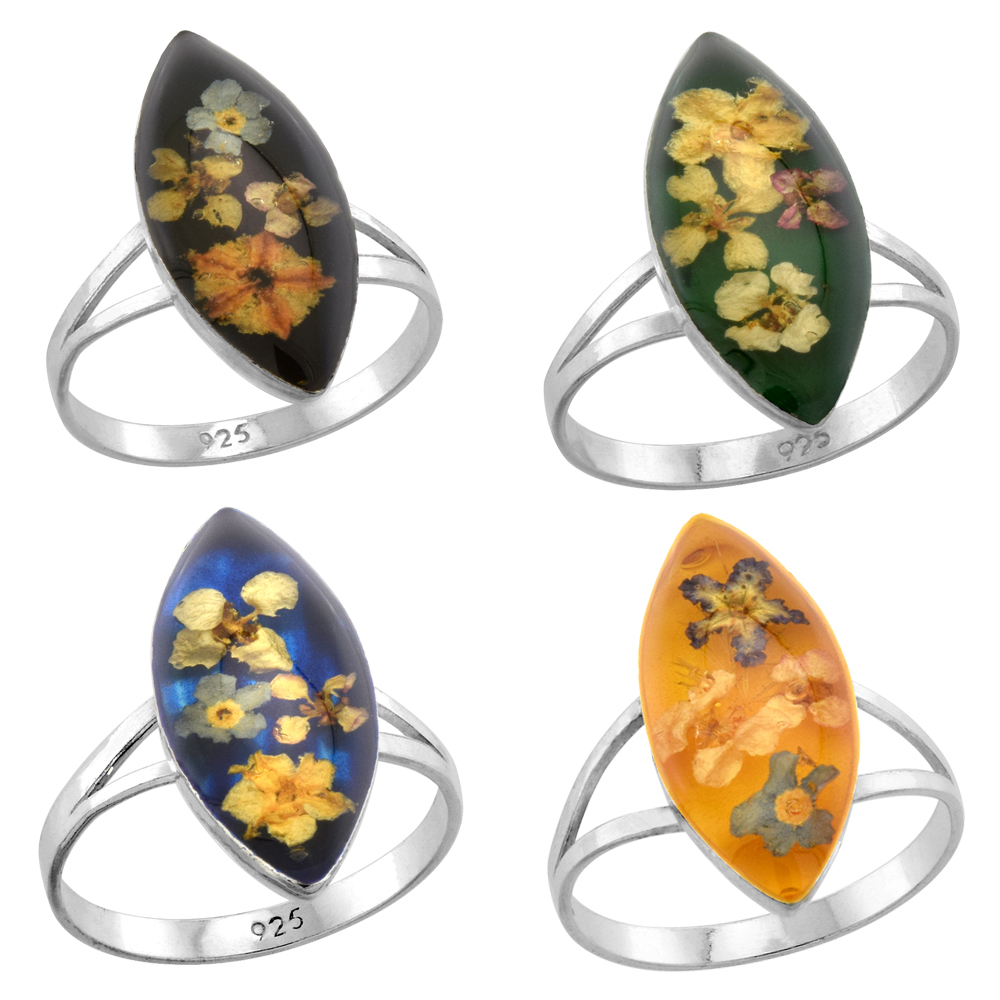 Sterling Silver Assorted Colors Resin Real Forget-Me-Not Flower Ring for Women Marquise Shape sizes 6-7.5