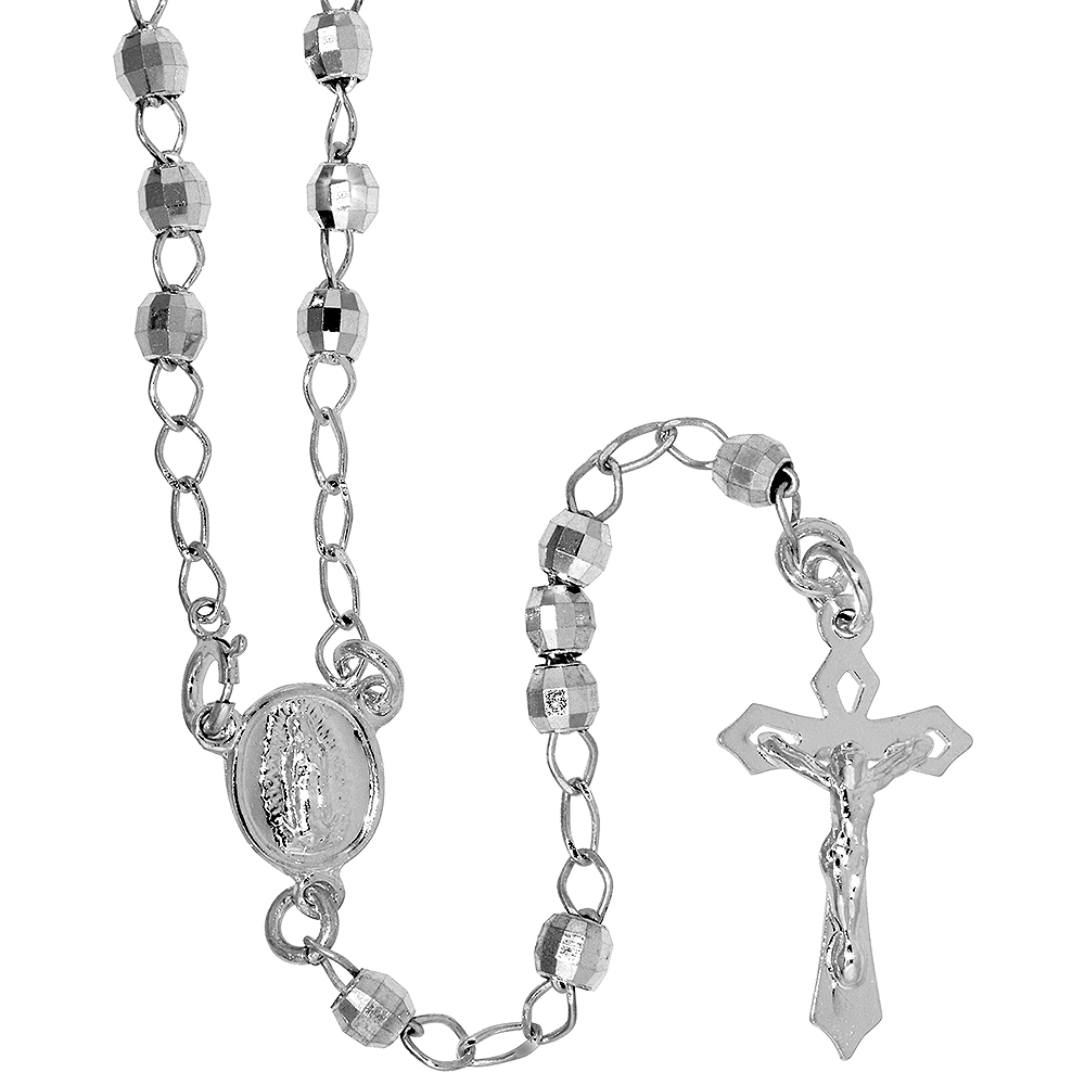STERLING SILVER 4 MM DIAMOND CUT ROSARY NECKLACE FOR WOMEN AND MEN GUADALUPE MEDAL CENTER NICKEL FREE