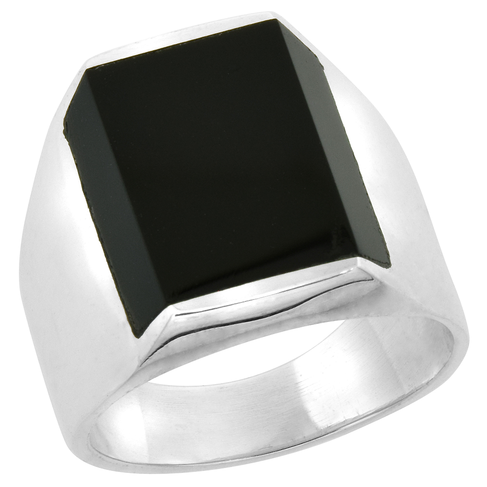 STERLING SILVER BLACK OBSIDIAN RING FOR MEN RECTANGULAR FLAT SOLID BACK HANDMADE SIZES 9 - 13