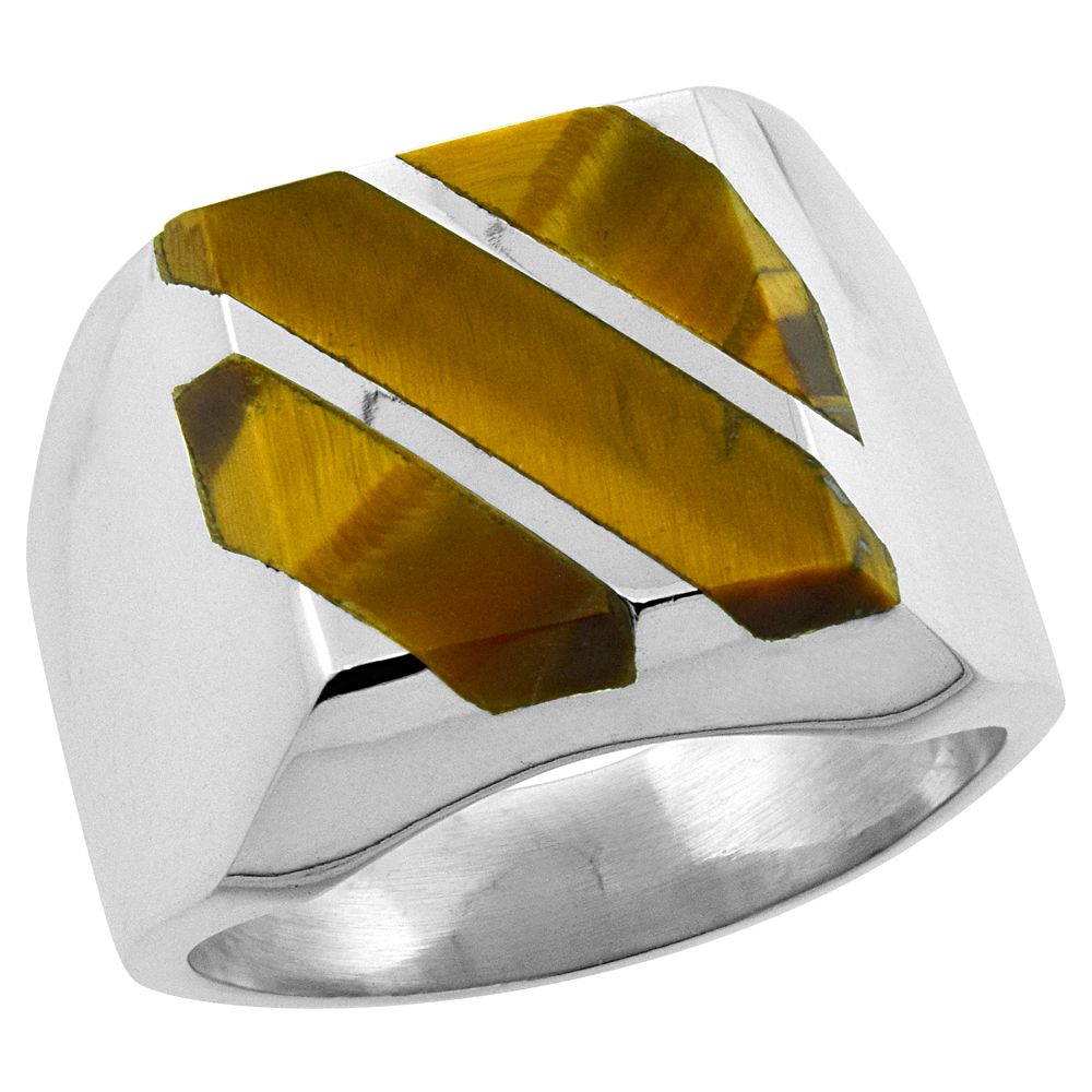 STERLING SILVER TIGER EYE RING FOR MEN SQUARE TRIPLE DIAGONAL SOLID BACK HANDMADE SIZES 9-13
