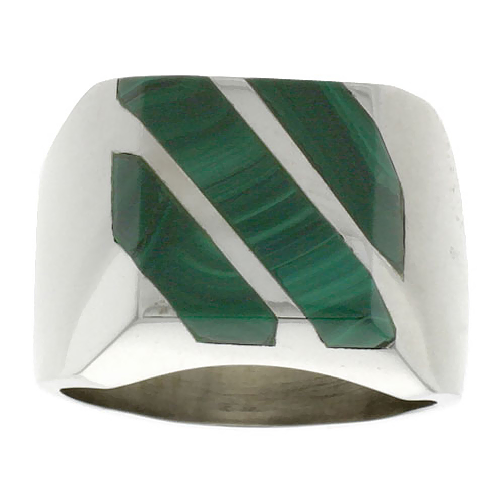 Sterling Silver Malachite Ring for Men Square Triple Diagonal Solid Back Handmade sizes 9 - 13