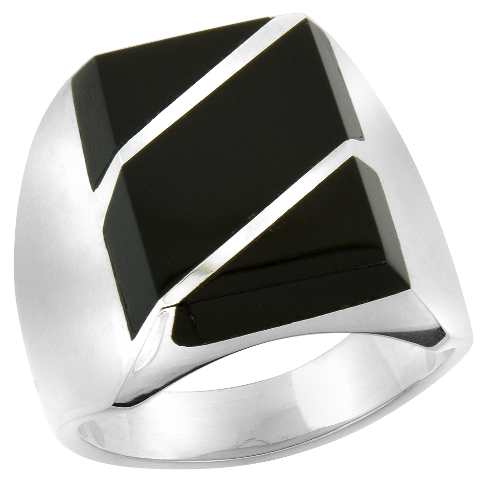 STERLING SILVER BLACK OBSIDIAN RING FOR MEN RECTANGULAR DIAGONAL STRIPES SOLID BACK HANDMADE SIZES 9 - 13