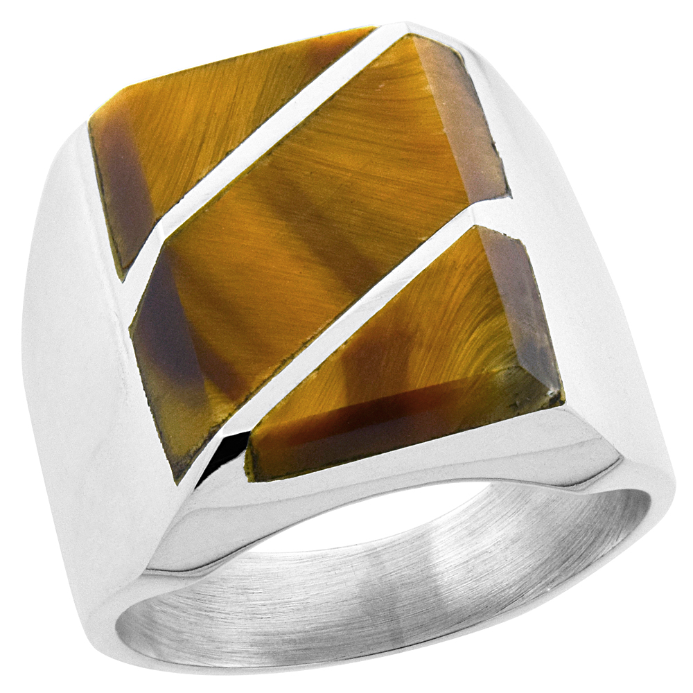 STERLING SILVER TIGER EYE RING FOR MEN RECTANGULAR DIAGONAL STRIPES SOLID BACK HANDMADE SIZES 9-13
