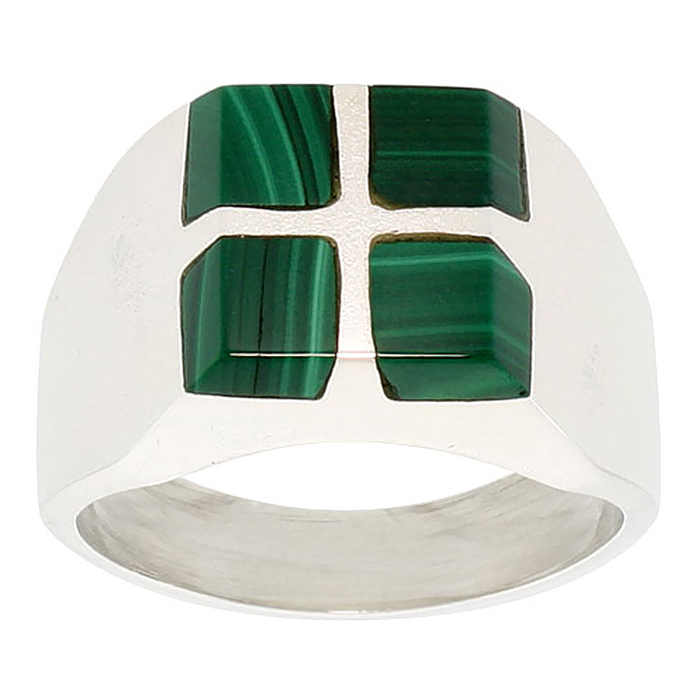 STERLING SILVER MALACHITE RING FOR MEN SQUARE CROSS SOLID BACK HANDMADE SIZES 9 - 13