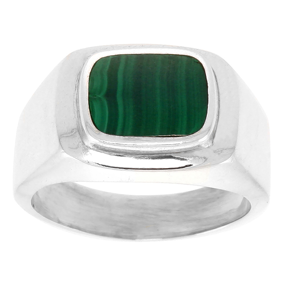 STERLING SILVER MALACHITE RING FOR MEN ROUNDED RECTANGULAR RAISED SOLID BACK HANDMADE SIZES 9 - 13
