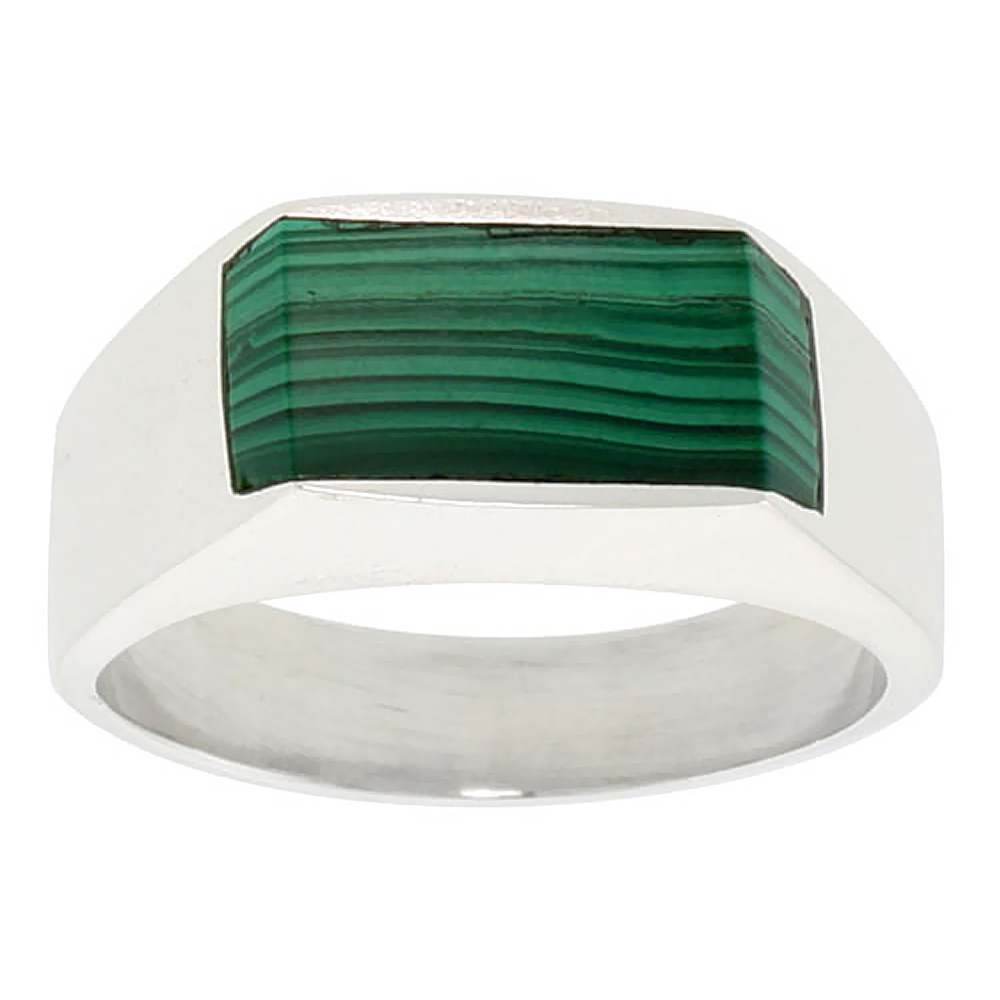 STERLING SILVER MALACHITE RING FOR MEN SLIM RECTANGULAR FLAT SOLID BACK HANDMADE SIZES 9 - 13