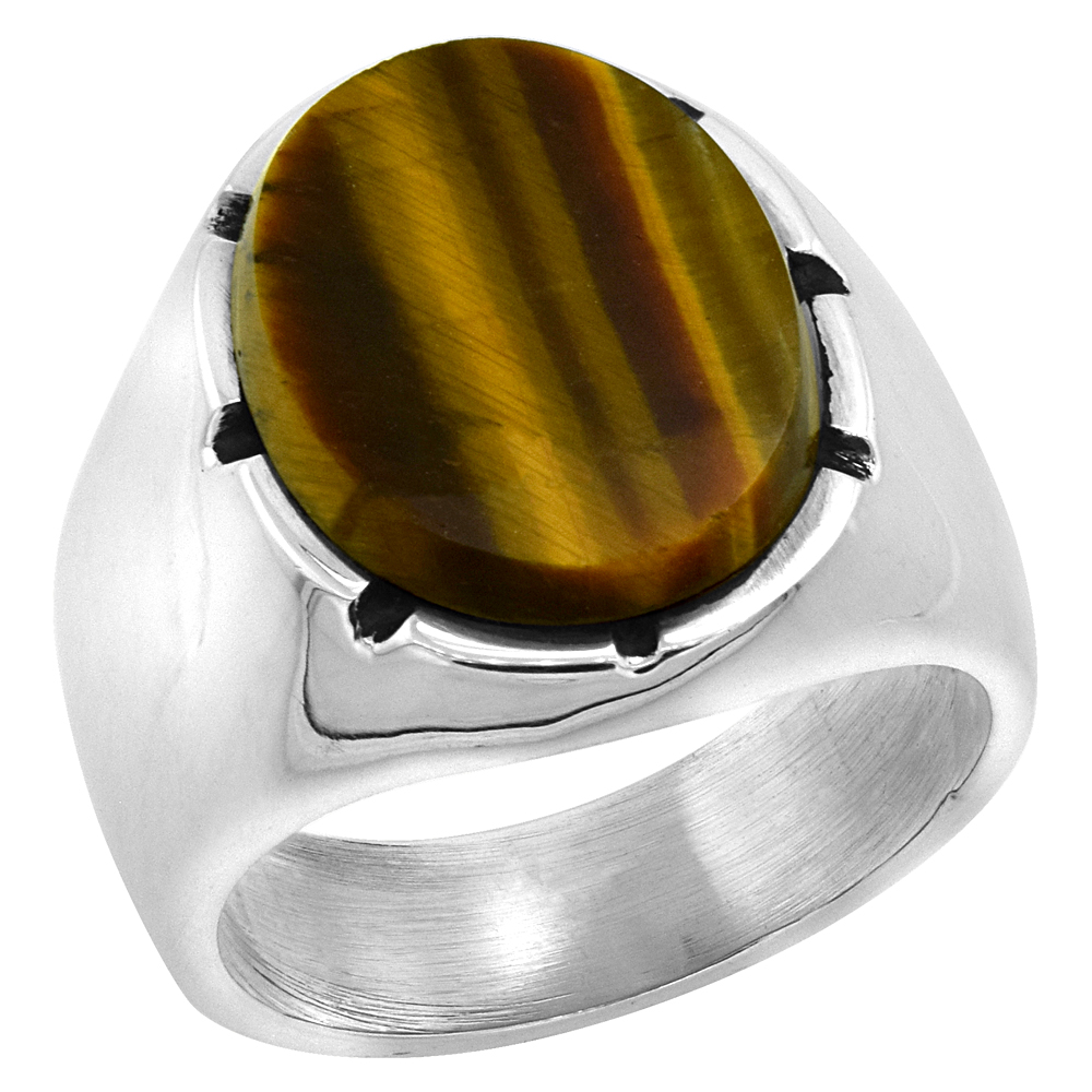 STERLING SILVER TIGER EYE RING FOR MEN LARGE OVAL NOTCHED BEZEL SOLID BACK HANDMADE SIZES 9-13