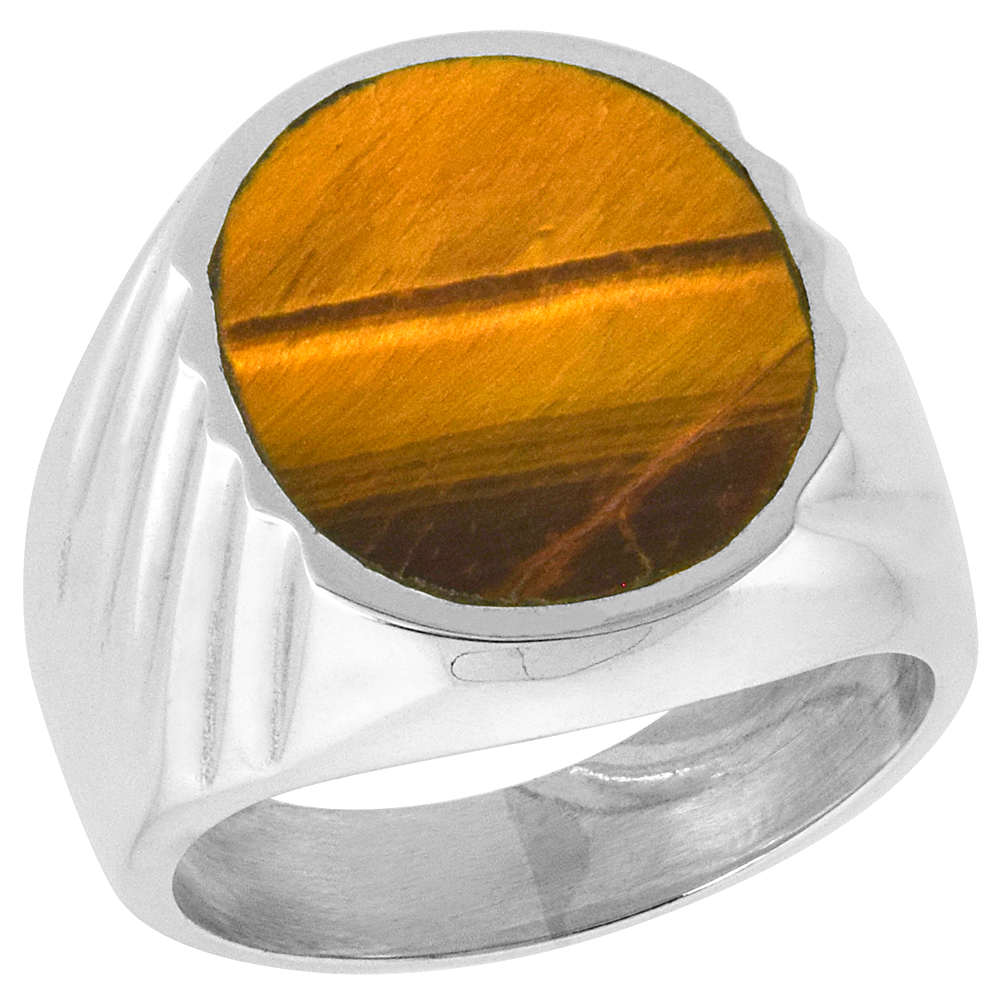 STERLING SILVER TIGER EYE RING FOR MEN LARGE OVAL FLAT SOLID BACK HANDMADE SIZES 9-13