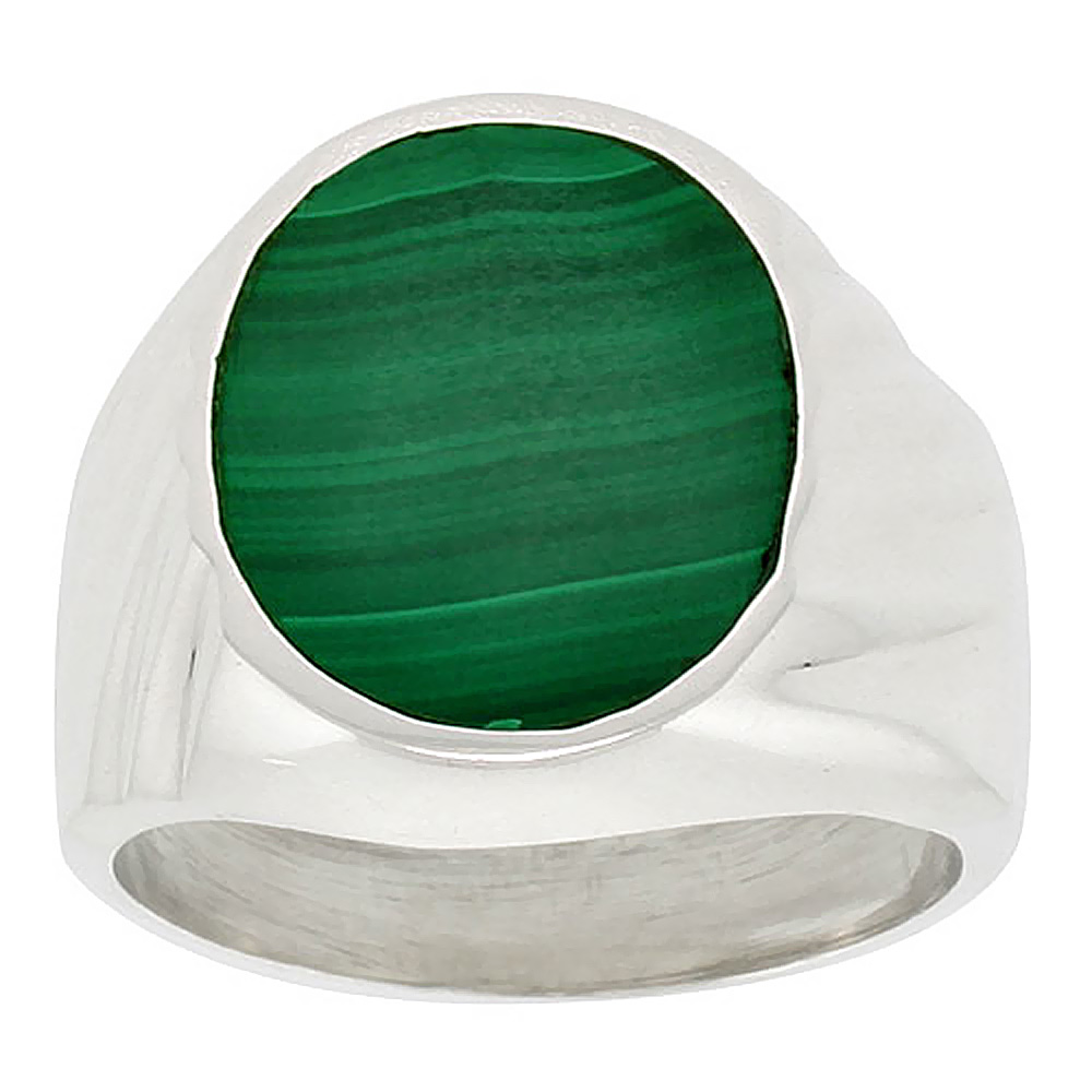STERLING SILVER MALACHITE RING FOR MEN LARGE OVAL FLAT SOLID BACK HANDMADE SIZES 9 - 13