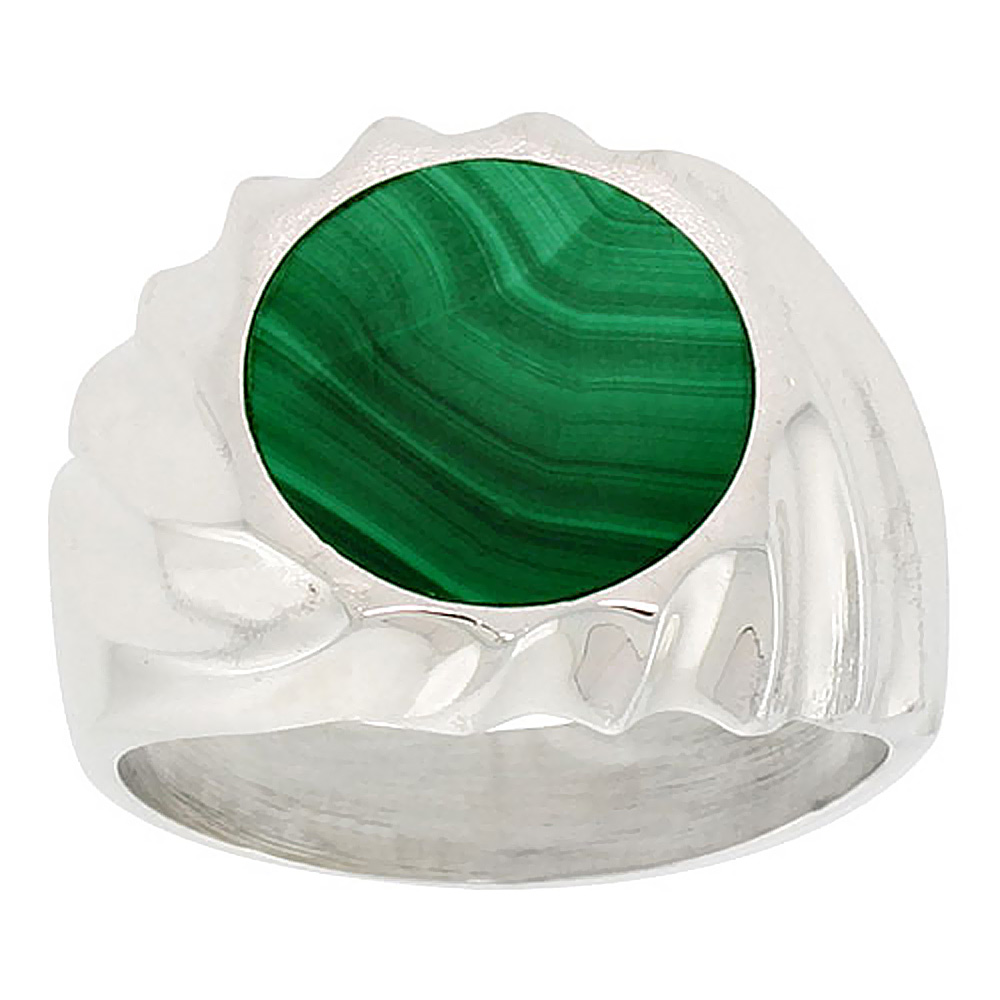 STERLING SILVER MALACHITE RING FOR MEN ROUND SPIRAL BEZEL SOLID BACK HANDMADE SIZES 9 - 13