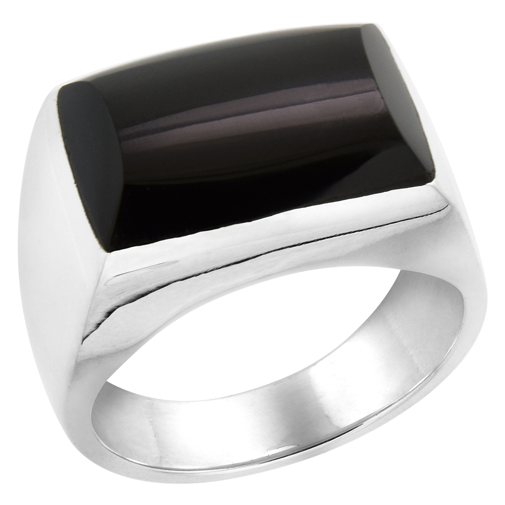 STERLING SILVER BLACK OBSIDIAN RING FOR MEN RECTANGULAR DOMED SOLID BACK HANDMADE SIZES 9 - 13