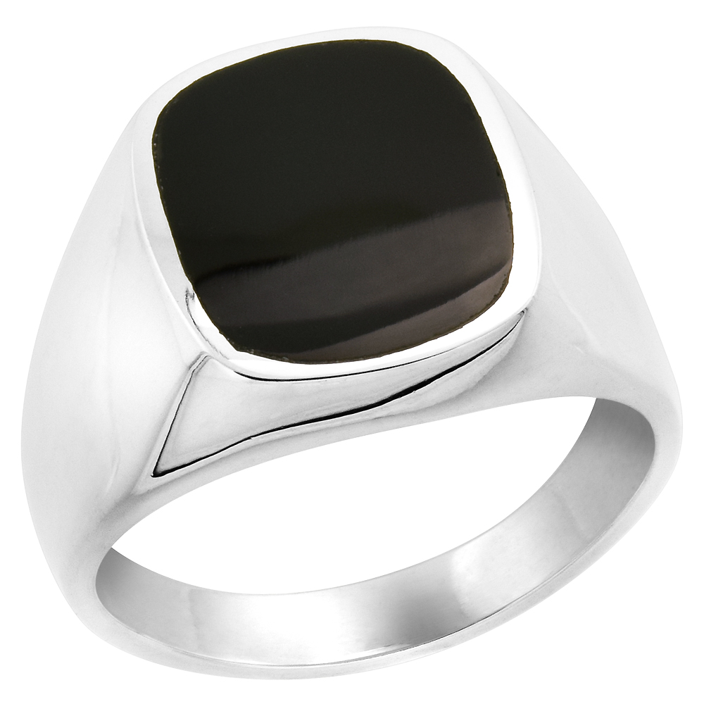 STERLING SILVER BLACK OBSIDIAN RING FOR MEN SQUARE ROUNDED FLAT SOLID BACK HANDMADE SIZES 9 - 13