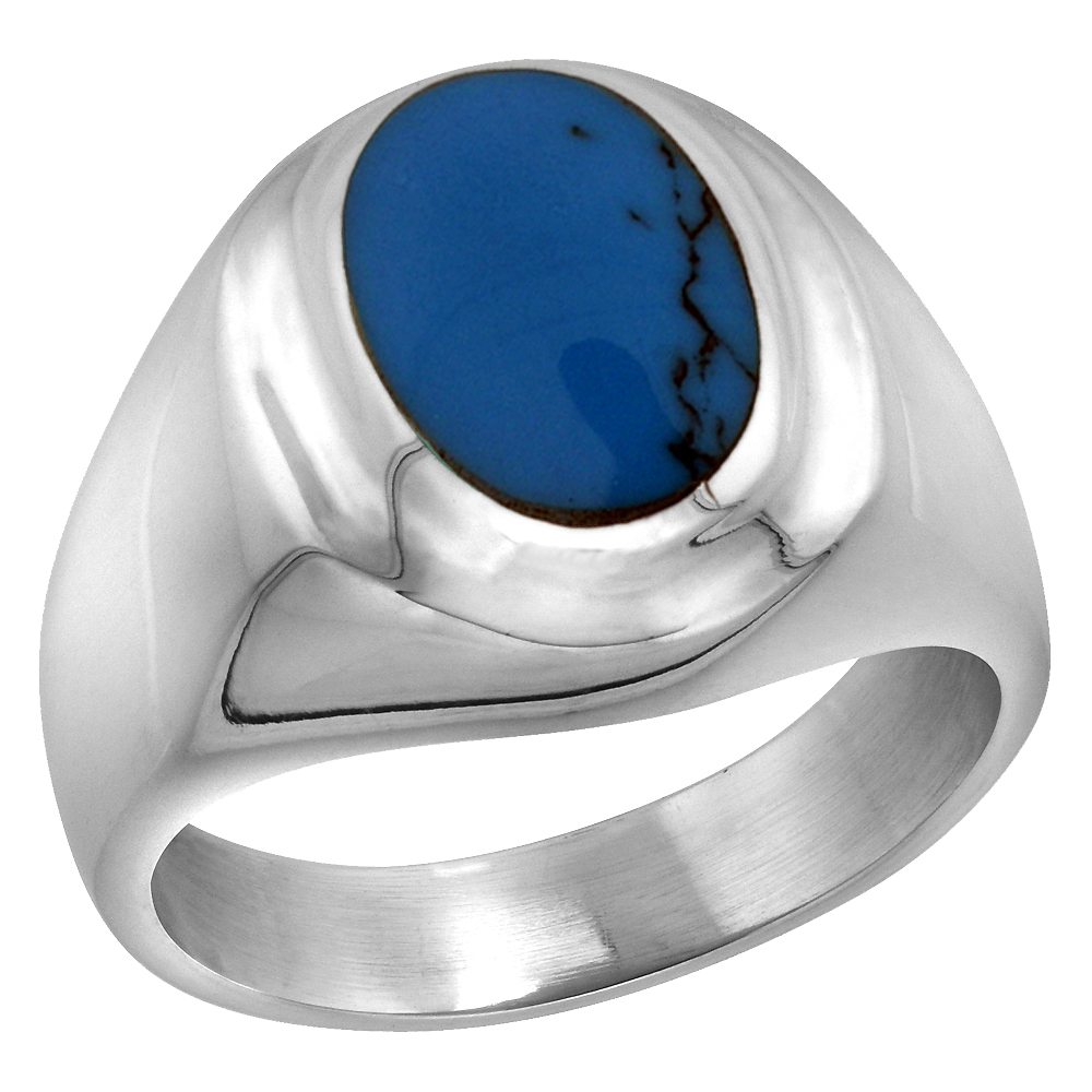 STERLING SILVER SYNTHETIC TURQUOISE RING FOR MEN OVAL RECESSED RIM SOLID BACK HANDMADE SIZES 9 - 13