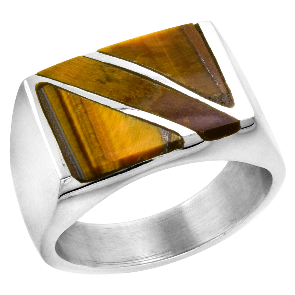STERLING SILVER TIGER EYE RING FOR MEN RECTANGULAR DIAGONAL STRIPE SOLID BACK HANDMADE SIZES 9-13