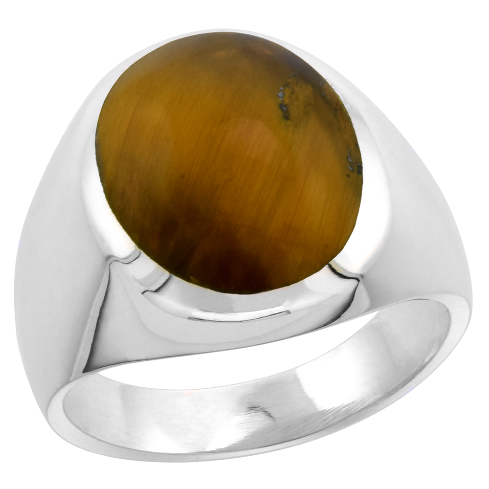 STERLING SILVER TIGER EYE RING FOR MEN LARGE OVAL DOMED SOLID BACK HANDMADE SIZES 9-13