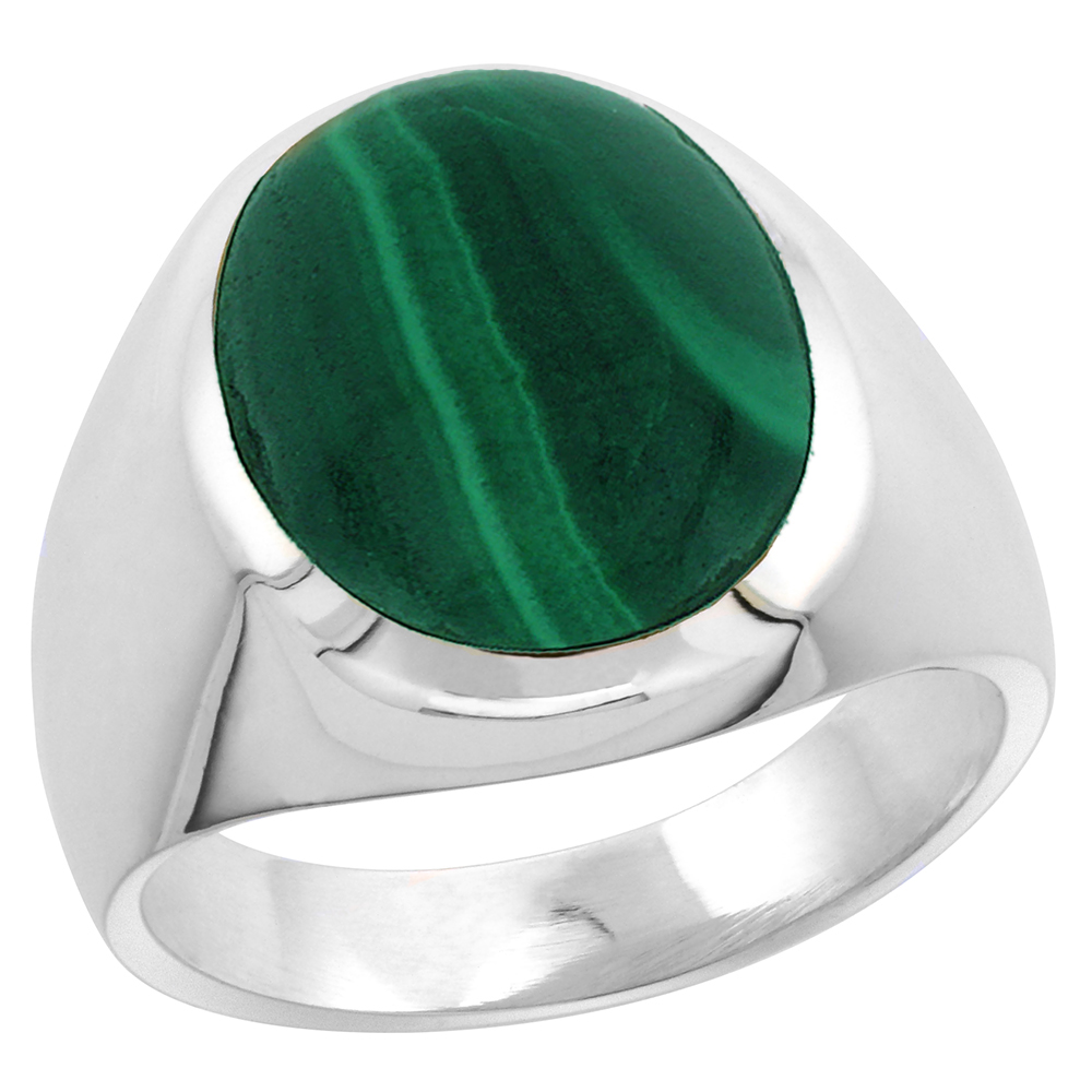 STERLING SILVER MALACHITE RING FOR MEN LARGE OVAL DOMED SOLID BACK HANDMADE SIZES 9 - 13