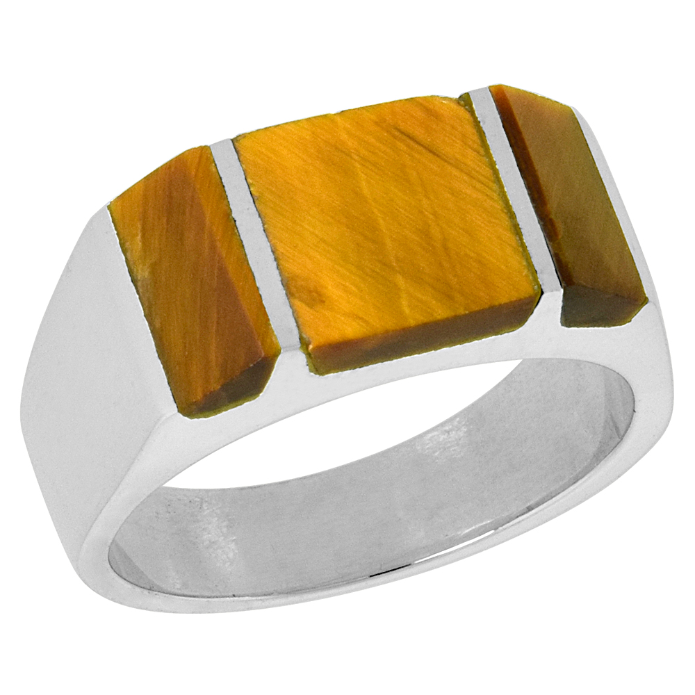 STERLING SILVER TIGER EYE RING FOR MEN RECTANGULAR STRIPED SOLID BACK HANDMADE SIZES 9-13