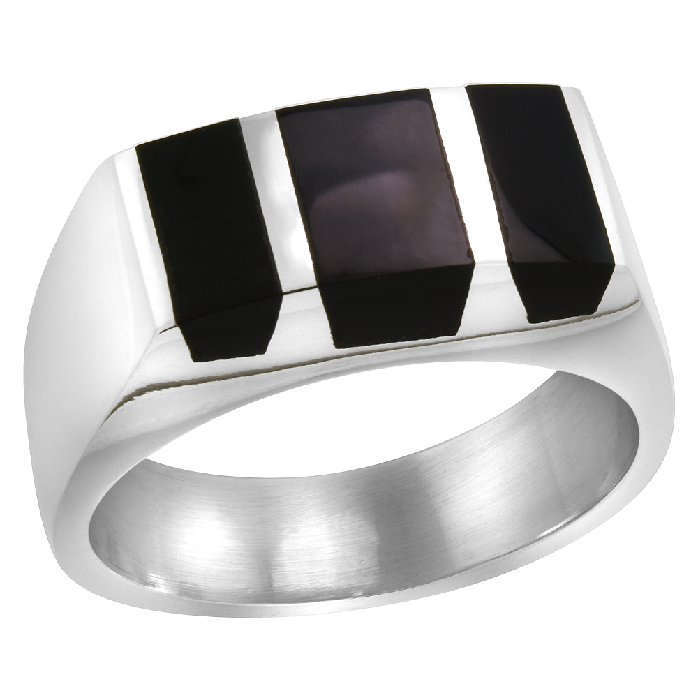 STERLING SILVER BLACK OBSIDIAN RING FOR MEN RECTANGULAR STRIPED SOLID BACK HANDMADE SIZES 9 - 13