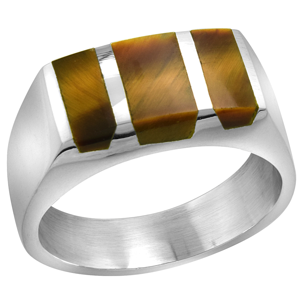 STERLING SILVER TIGER EYE RING FOR MEN RECTANGULAR STRIPED SOLID BACK HANDMADE SIZES 9-13