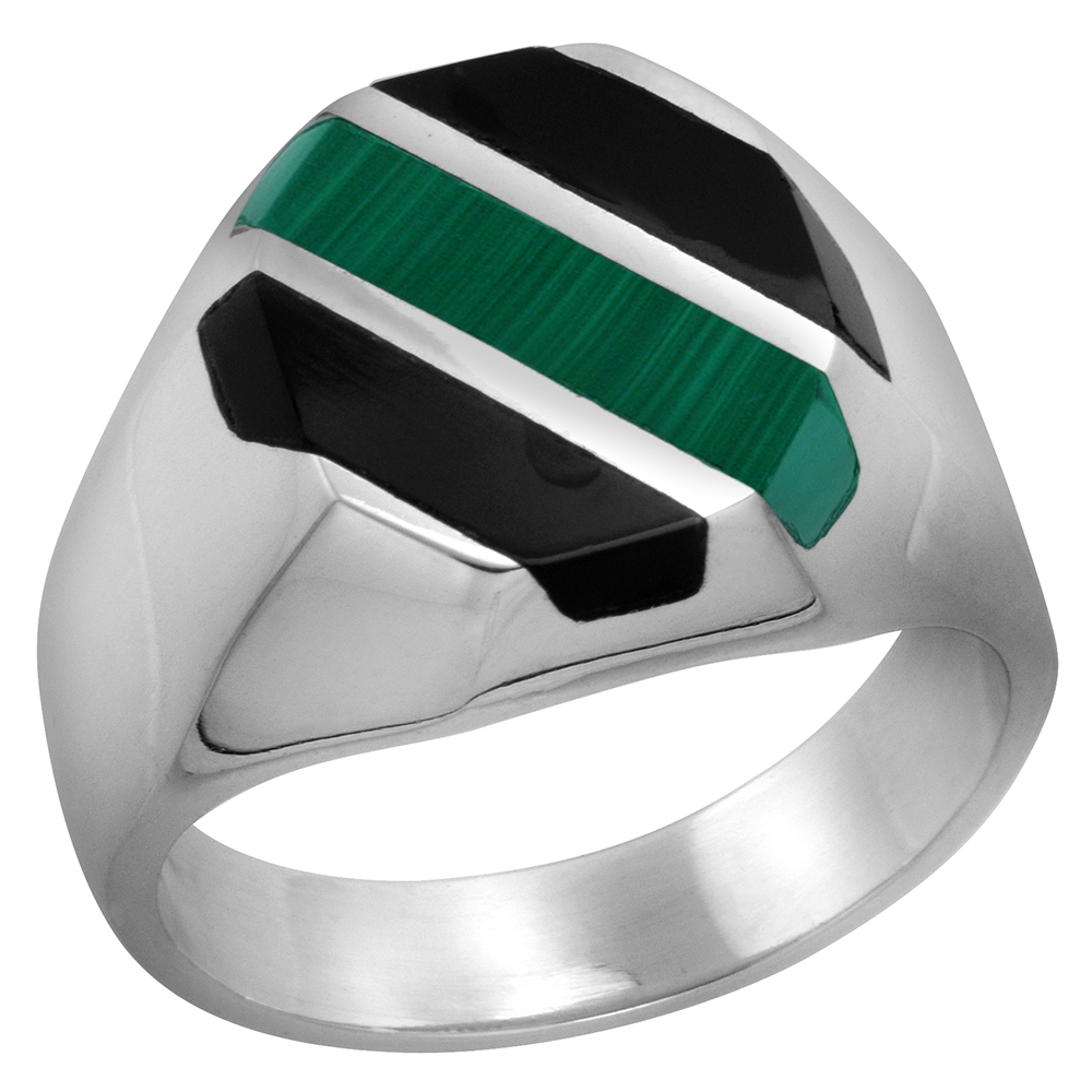 STERLING SILVER BLACK OBSIDIAN & MALACHITE RING FOR MEN OCTAGONAL 3 STRIPES SOLID BACK HANDMADE SIZES 9 - 13