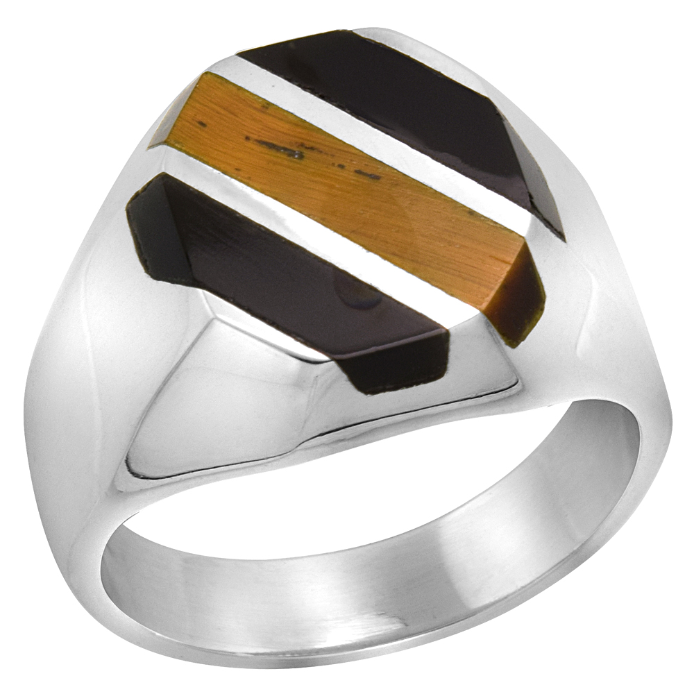 STERLING SILVER OBSIDIAN & TIGER EYE RING FOR MEN OCTAGONAL 3 STRIPES SOLID BACK HANDMADE SIZES 9-13