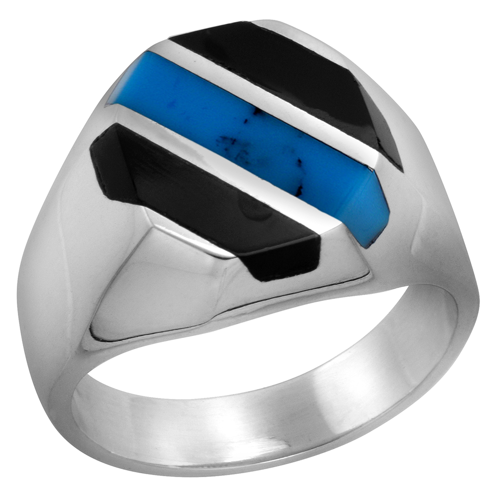 STERLING SILVER BLACK OBSIDIAN & RECONSTITUTED TURQUOISE RING FOR MEN OCTAGONAL 3 STRIPES SOLID BACK HANDMADE SIZES 9 - 13