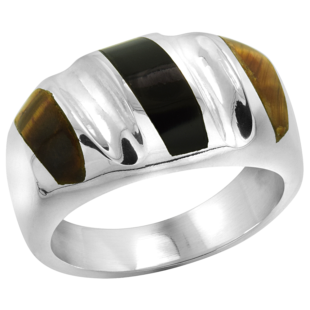 STERLING SILVER OBSIDIAN & TIGER EYE RING FOR MEN OVAL CONCAVE STRIPES SOLID BACK HANDMADE SIZES 9-13
