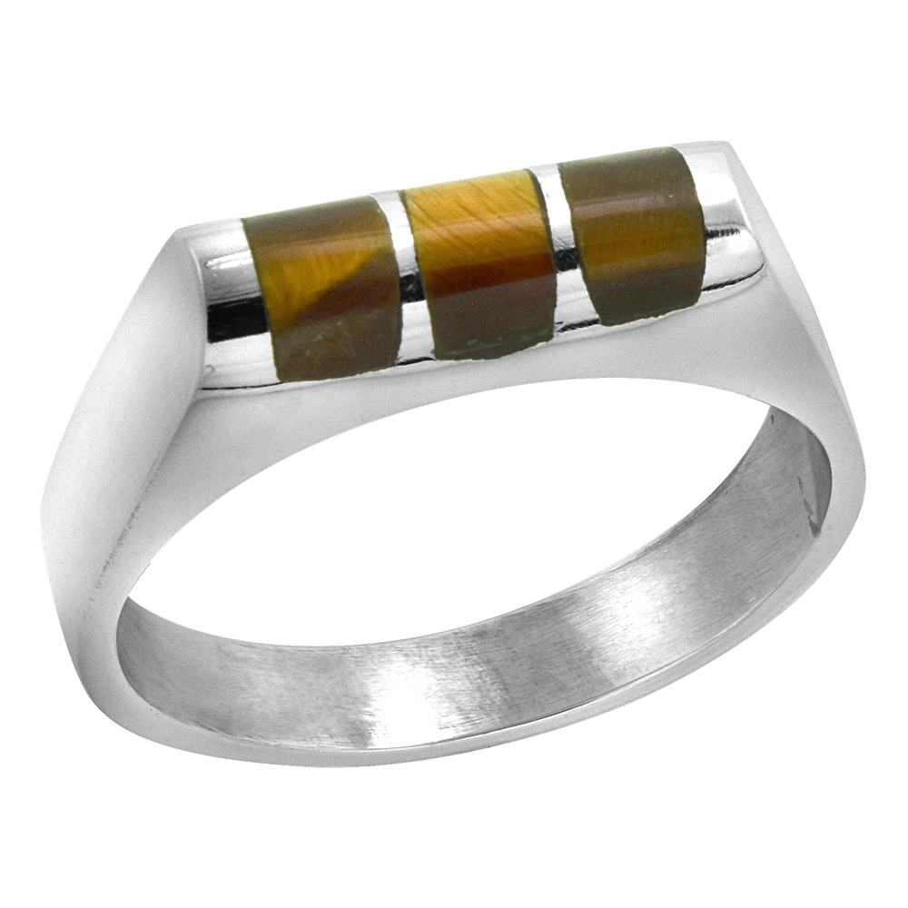STERLING SILVER TIGER EYE RING FOR MEN HALF TUBE 3 STRIPES SOLID BACK HANDMADE SIZES 7 - 10