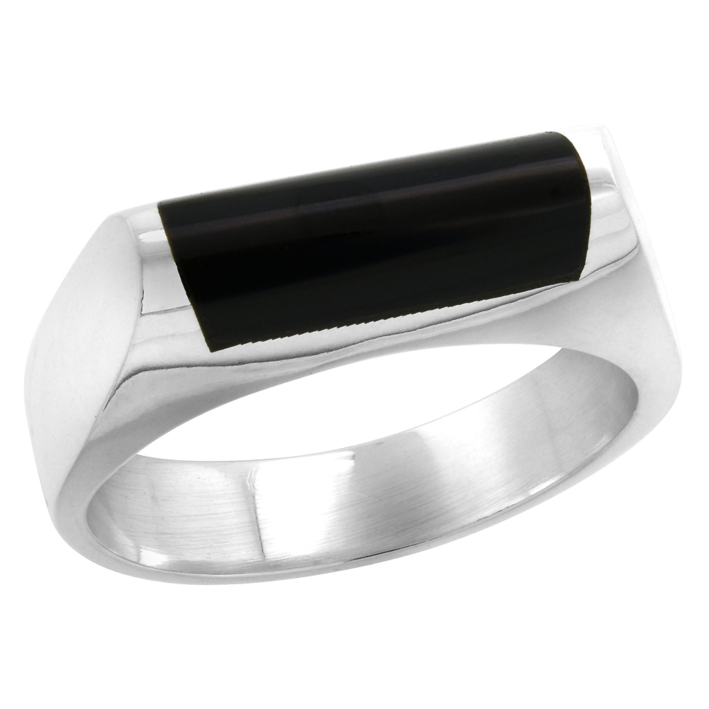 STERLING SILVER BLACK OBSIDIAN RING FOR MEN HALF TUBE THIN SOLID BACK HANDMADE SIZES 7 - 10