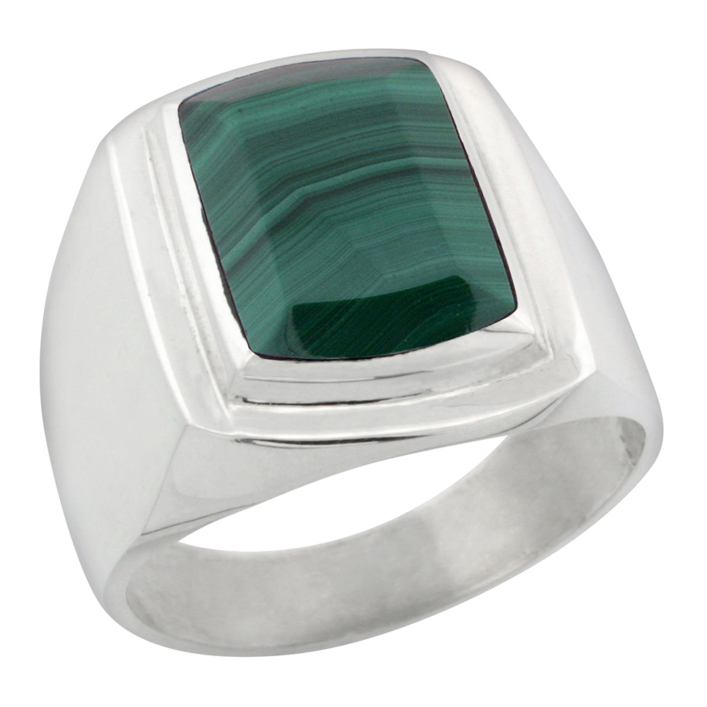 STERLING SILVER MALACHITE RING FOR MEN LARGE RECTANGULAR BEVELED SOLID BACK HANDMADE SIZES 8 - 14