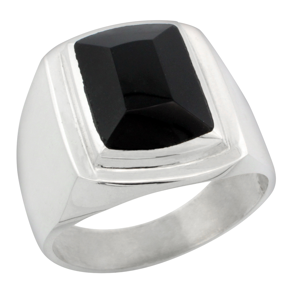 STERLING SILVER BLACK OBSIDIAN RING FOR MEN LARGE RECTANGULAR BEVELED SOLID BACK HANDMADE SIZES 8 - 14