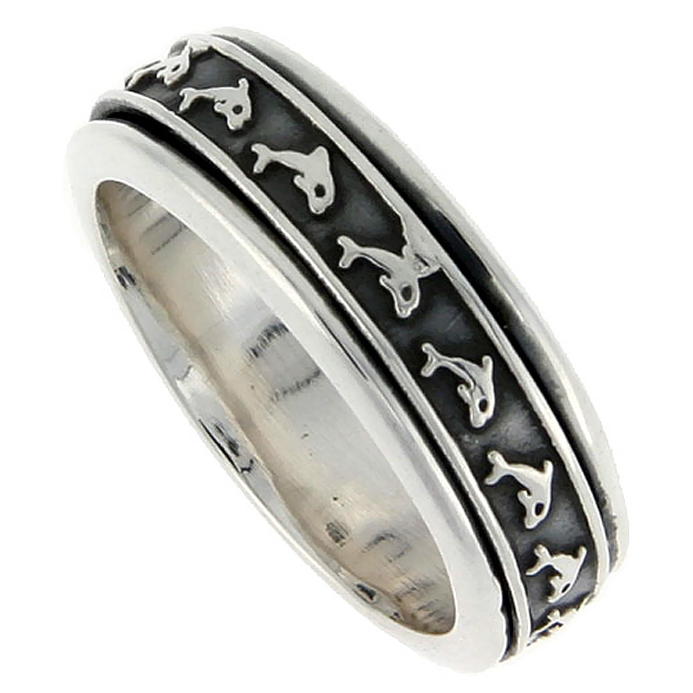 8mm Sterling Silver Mens Spinner Ring Embossed Dolphin Pattern Handmade 5/16 wide