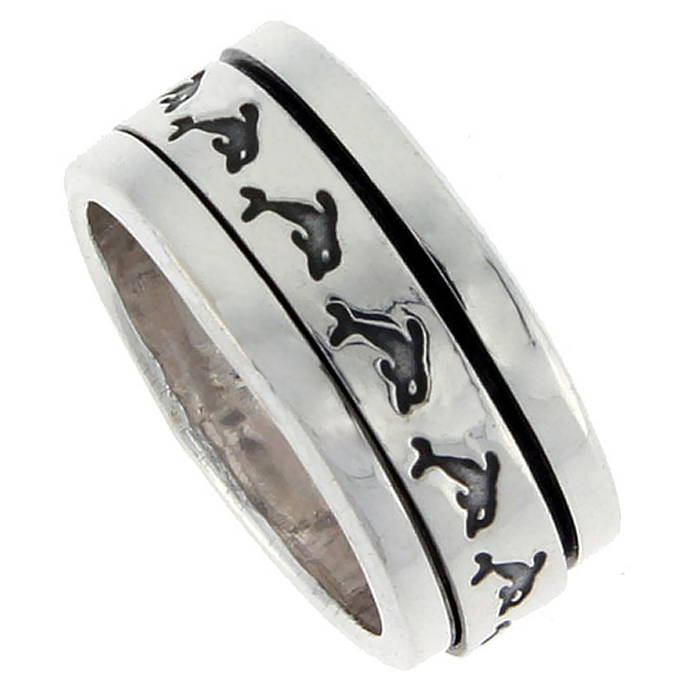 10mm Sterling Silver Mens Spinner Ring Dolphin Pattern Flat Handmade 3/8 inch wide