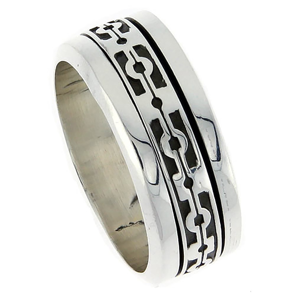 10mm Sterling Silver Mens Spinner Ring Native American Pattern Center Handmade 3/8 inch wide