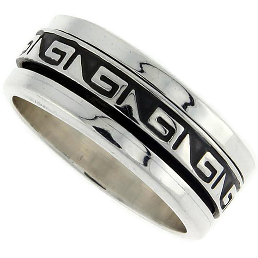 10mm Sterling Silver Mens Spinner Ring Native American Pattern Center Handmade 3/8 inch wide