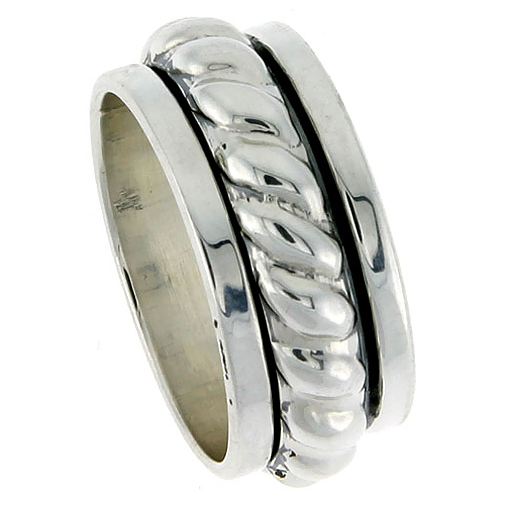 11mm Sterling Silver Mens Spinner Ring Thick Rope Center Handmade 7/16 Wide