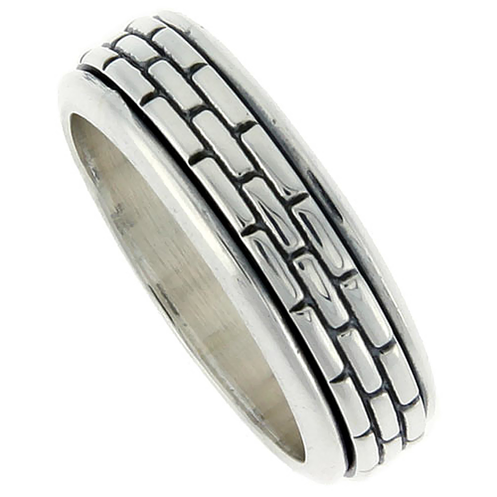 8mm Sterling Silver Mens Spinner Ring Brick Pattern Center Handmade 5/16 wide