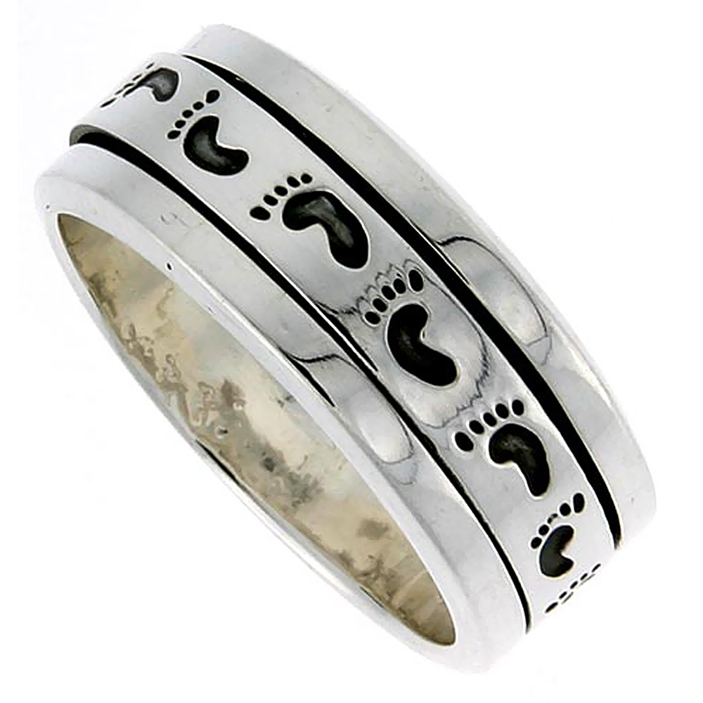 10MM STERLING SILVER MENS SPINNER RING FOOTPRINTS PATTERN HANDMADE 3/8 INCH WIDE