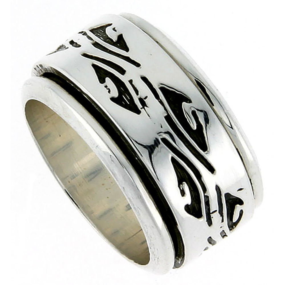 13mm Sterling Silver Mens Spinner Ring Native American Pattern Handmade 1/2 inch wide