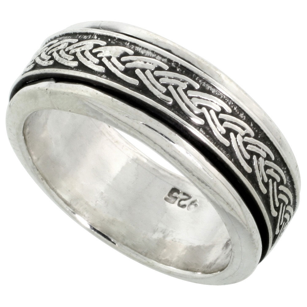 8mm Sterling Silver Mens Spinner Ring Braided Pattern Center Handmade 5/16 wide