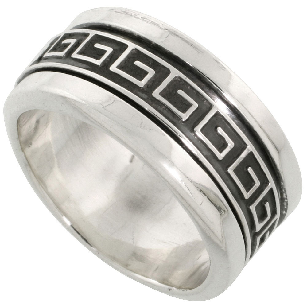 10MM STERLING SILVER MENS SPINNER RING GREEK KEY PATTERN CENTER HANDMADE 3/8 INCH WIDE