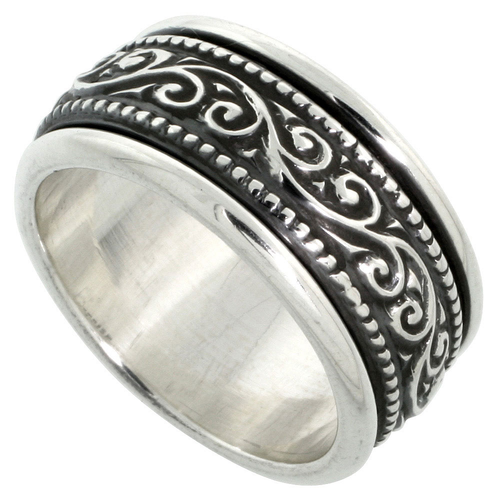 10mm Sterling Silver Mens Spinner Ring Floral Vine Pattern Center Handmade 3/8 inch wide