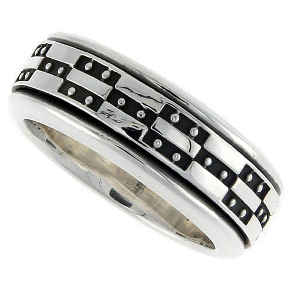 10mm Sterling Silver Mens Spinner Ring Geometric Design Handmade 3/8 inch wide