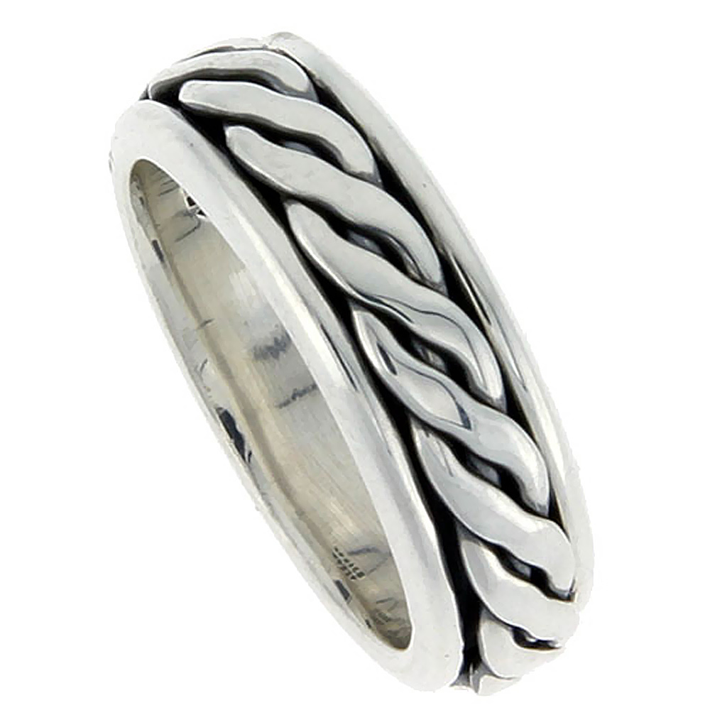 8mm Sterling Silver Mens Spinner Ring Rope Design Handmade 5/16 wide