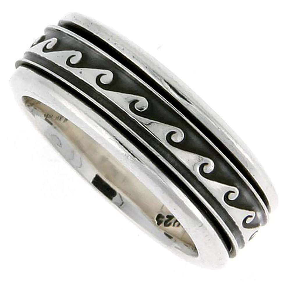 8mm Sterling Silver Mens Spinner Ring Wave Design Handmade 5/16 wide