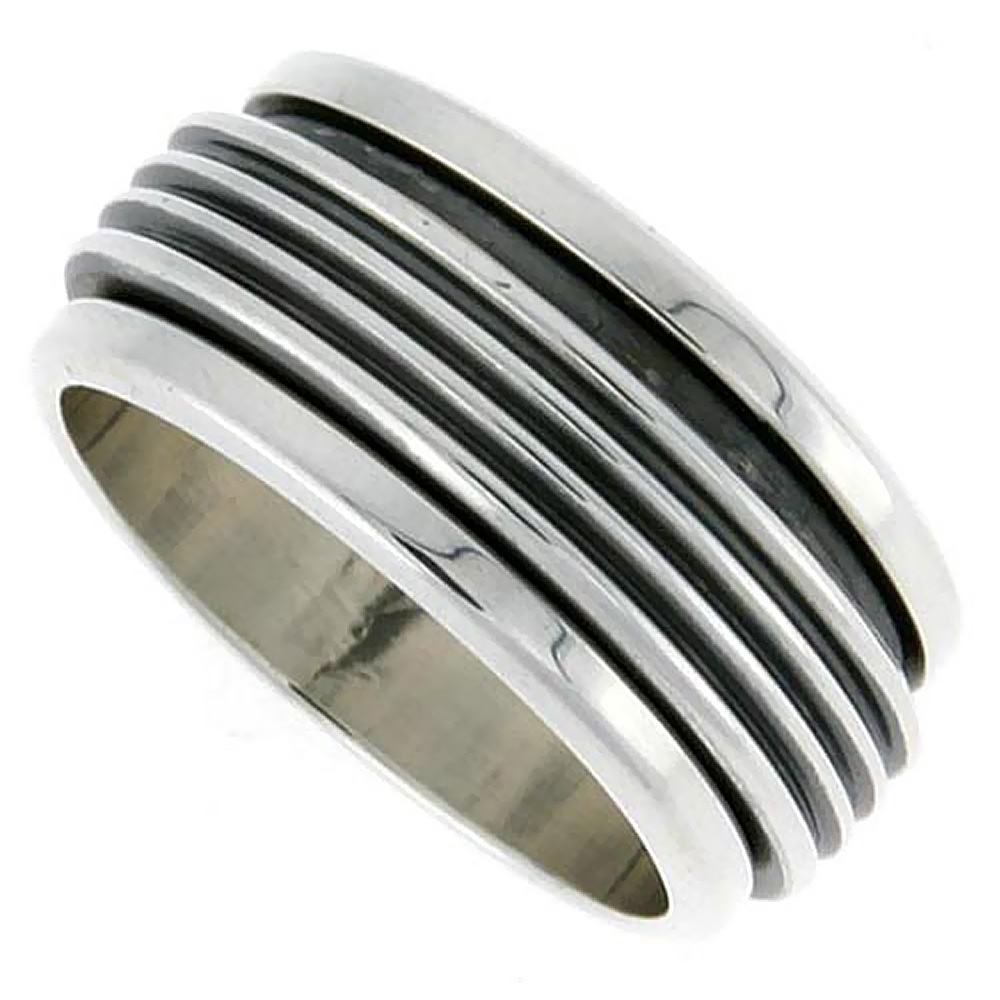 10MM STERLING SILVER MENS SPINNER RING RIBBED DESIGN HANDMADE 3/8 INCH WIDE