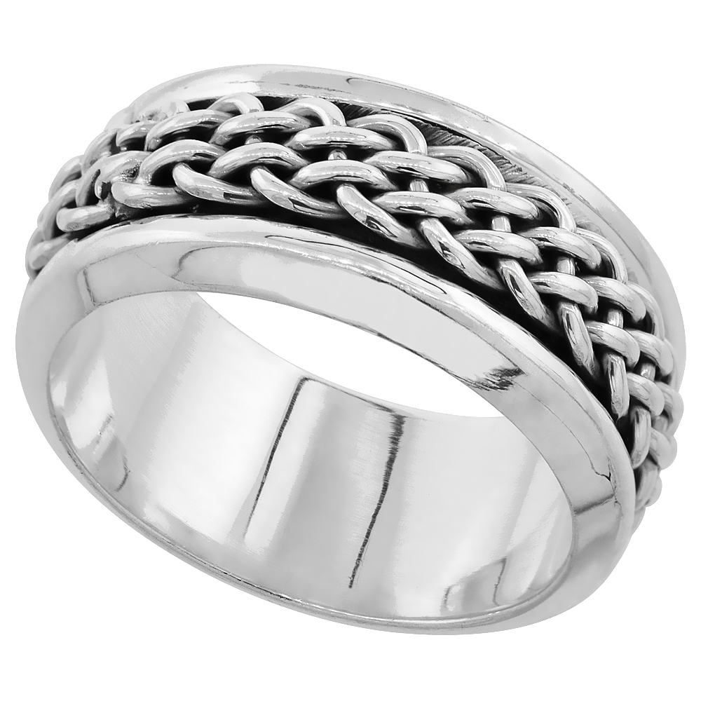 9mm Sterling Silver Mens Spinner Ring Woven Design Handmade 11/32 wide