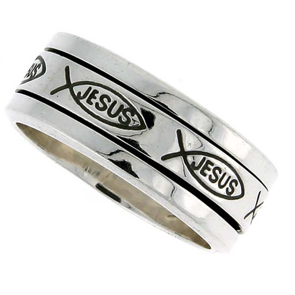 8mm Sterling Silver Ichthys Spinner Ring Jesus Fish Design Handmade 5/16 wide