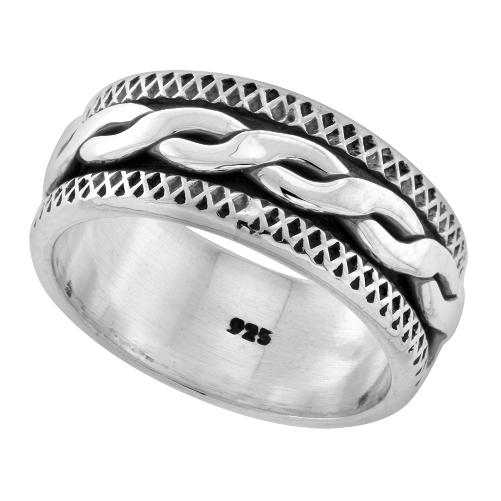 10mm Sterling Silver Mens Spinner Ring Rope Design Handmade 3/8 inch wide